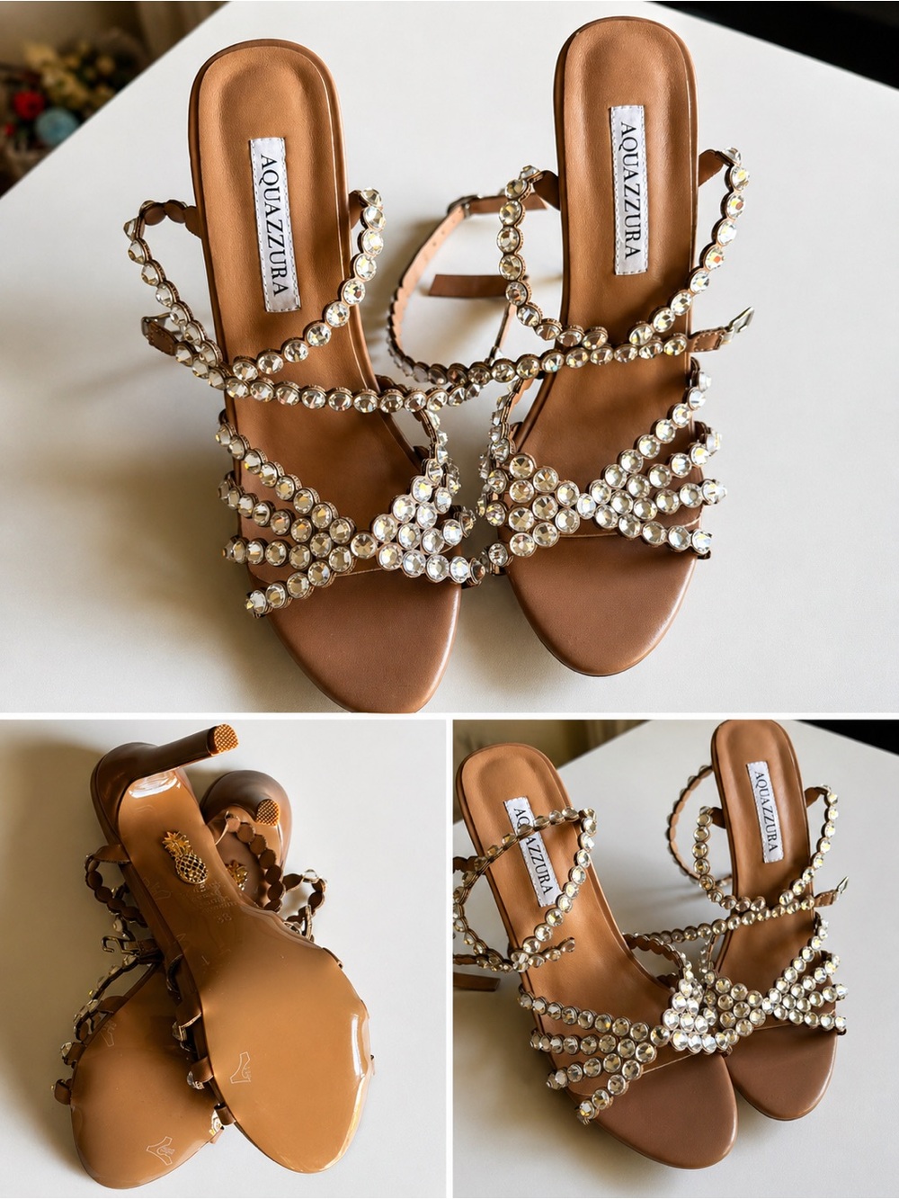 Aquazzura Brown Crystal-Strap Heeled Sandals